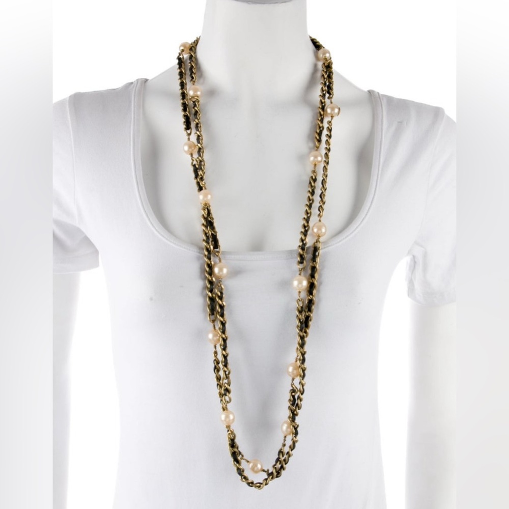 Chanel Black Leather Pearl Station Chain Necklace